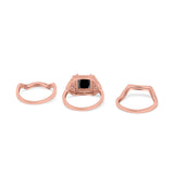 Princess Cut Vintage Art Deco Three Piece Bridal Set Wedding Ring Band Round Simulated Cubic Zirconia 925 Sterling Silver