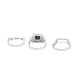 Princess Cut Vintage Art Deco Three Piece Bridal Set Wedding Ring Band Round Simulated Cubic Zirconia 925 Sterling Silver