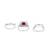 Princess Cut Vintage Art Deco Three Piece Bridal Set Wedding Ring Band Round Simulated Cubic Zirconia 925 Sterling Silver