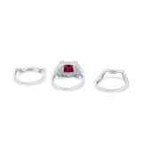 Princess Cut Vintage Art Deco Three Piece Bridal Set Wedding Ring Band Round Simulated Cubic Zirconia 925 Sterling Silver