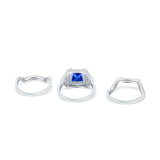 Princess Cut Vintage Art Deco Three Piece Bridal Set Wedding Ring Band Round Simulated Cubic Zirconia 925 Sterling Silver