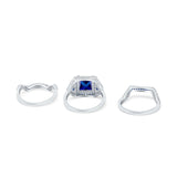 Three Piece Ring Band Flower Art Deco Princess Cut Wedding Bridal Ring Round Blue Sapphire Simulated Cubic Zirconia 925 Sterling Silver