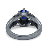 Split Shank Halo Oval Wedding Engagement Ring Black Round Simulated Cubic Zirconia 925 Sterling Silver