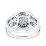 Two Piece Art Deco Wedding Engagement Bridal Set Ring Band Round Simulated Cubic Zirconia 925 Sterling Silver