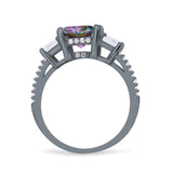 Three Stone Radiant Cut Wedding Engagement Bridal Ring Round Simulated Cubic Zirconia 925 Sterling Silver
