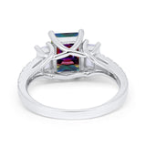 Emerald Cut Engagement Ring Round Simulated Cubic Zirconia 925 Sterling Silver