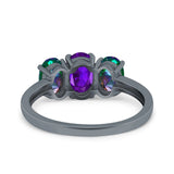 Three Stone Engagement Ring Oval Cut Rainbow Simulated Cubic Zirconia 925 Sterling Silver