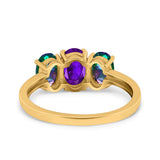 Three Stone Engagement Ring Oval Cut Rainbow Simulated Cubic Zirconia 925 Sterling Silver