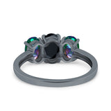 Three Stone Engagement Ring Oval Cut Rainbow Simulated Cubic Zirconia 925 Sterling Silver