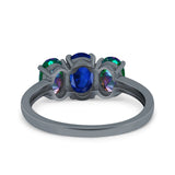 Three Stone Engagement Ring Oval Cut Rainbow Simulated Cubic Zirconia 925 Sterling Silver