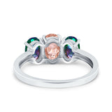 Three Stone Engagement Ring Oval Cut Rainbow Simulated Cubic Zirconia 925 Sterling Silver