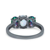 Three Stone Engagement Ring Oval Cut Rainbow Simulated Cubic Zirconia 925 Sterling Silver