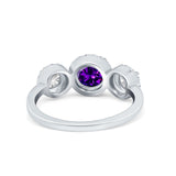 Halo Three Stone Wedding Ring Round Simulated Cubic Zirconia 925 Sterling Silver