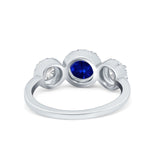 Halo Three Stone Wedding Ring Round Simulated Cubic Zirconia 925 Sterling Silver