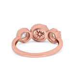 Halo Three Stone Wedding Ring Round Simulated Cubic Zirconia 925 Sterling Silver