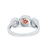 Halo Three Stone Wedding Ring Round Simulated Cubic Zirconia 925 Sterling Silver