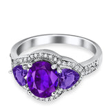 Halo Oval Simulated Cubic Zirconia Heart Amethyst CZ Ring 925 Sterling Silver