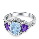 Halo Oval Simulated Cubic Zirconia Heart Amethyst CZ Ring 925 Sterling Silver