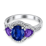 Halo Oval Simulated Cubic Zirconia Heart Amethyst CZ Ring 925 Sterling Silver