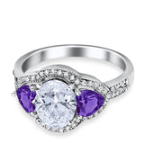 Halo Oval Simulated Cubic Zirconia Heart Amethyst CZ Ring 925 Sterling Silver