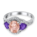 Halo Oval Simulated Cubic Zirconia Heart Amethyst CZ Ring 925 Sterling Silver