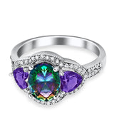 Halo Oval Simulated Cubic Zirconia Heart Amethyst CZ Ring 925 Sterling Silver