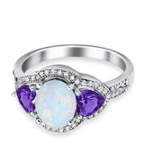 Halo Oval Simulated Cubic Zirconia Heart Amethyst CZ Ring 925 Sterling Silver