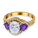 Halo Oval Simulated Cubic Zirconia Heart Amethyst CZ Ring 925 Sterling Silver
