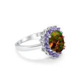 Halo Ring Simulated Purple Amethyst Oval Cubic Zirconia 925 Sterling Silver