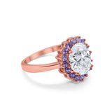 Halo Ring Simulated Purple Amethyst Oval Cubic Zirconia 925 Sterling Silver