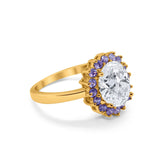 Halo Ring Simulated Purple Amethyst Oval Cubic Zirconia 925 Sterling Silver