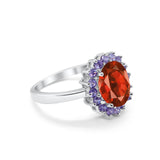 Halo Ring Simulated Purple Amethyst Oval Cubic Zirconia 925 Sterling Silver