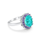 Halo Ring Simulated Purple Amethyst Oval Cubic Zirconia 925 Sterling Silver