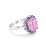 Halo Ring Simulated Purple Amethyst Oval Cubic Zirconia 925 Sterling Silver