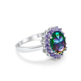Halo Ring Simulated Purple Amethyst Oval Cubic Zirconia 925 Sterling Silver