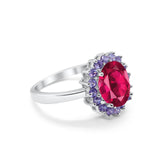 Halo Ring Simulated Purple Amethyst Oval Cubic Zirconia 925 Sterling Silver