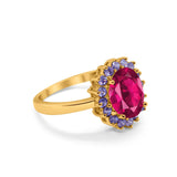 Halo Ring Simulated Purple Amethyst Oval Cubic Zirconia 925 Sterling Silver