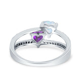 Heart Promise Ring Double Heart Created White Opal Round Simulated Cubic Zirconia 925 Sterling Silver