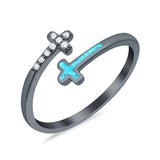 Cross Ring Sideways Round Eternity Simulated CZ Lab Opal 925 Sterling Silver