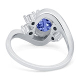 Art Deco Wedding Engagement Bridal Ring Round Simulated Blue Sapphire Cubic Zirconia 925 Sterling Silver