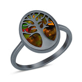 Oval Tree of Life Ring Lab Created Opal Rhodium Plated 925 Sterling Silver