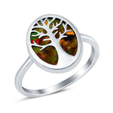 Oval Tree of Life Ring Lab Created Opal Rhodium Plated 925 Sterling Silver