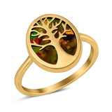 Oval Tree of Life Ring Lab Created Opal Rhodium Plated 925 Sterling Silver