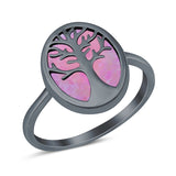 Oval Tree of Life Ring Lab Created Opal Rhodium Plated 925 Sterling Silver