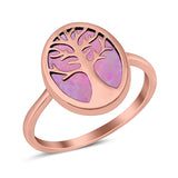 Oval Tree of Life Ring Lab Created Opal Rhodium Plated 925 Sterling Silver