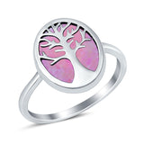 Oval Tree of Life Ring Lab Created Opal Rhodium Plated 925 Sterling Silver