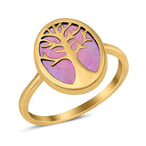 Oval Tree of Life Ring Lab Created Opal Rhodium Plated 925 Sterling Silver