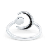 Crescent Moon Ring Band Lab Created Blue Opal Oxidized Round 925 Sterling Silver