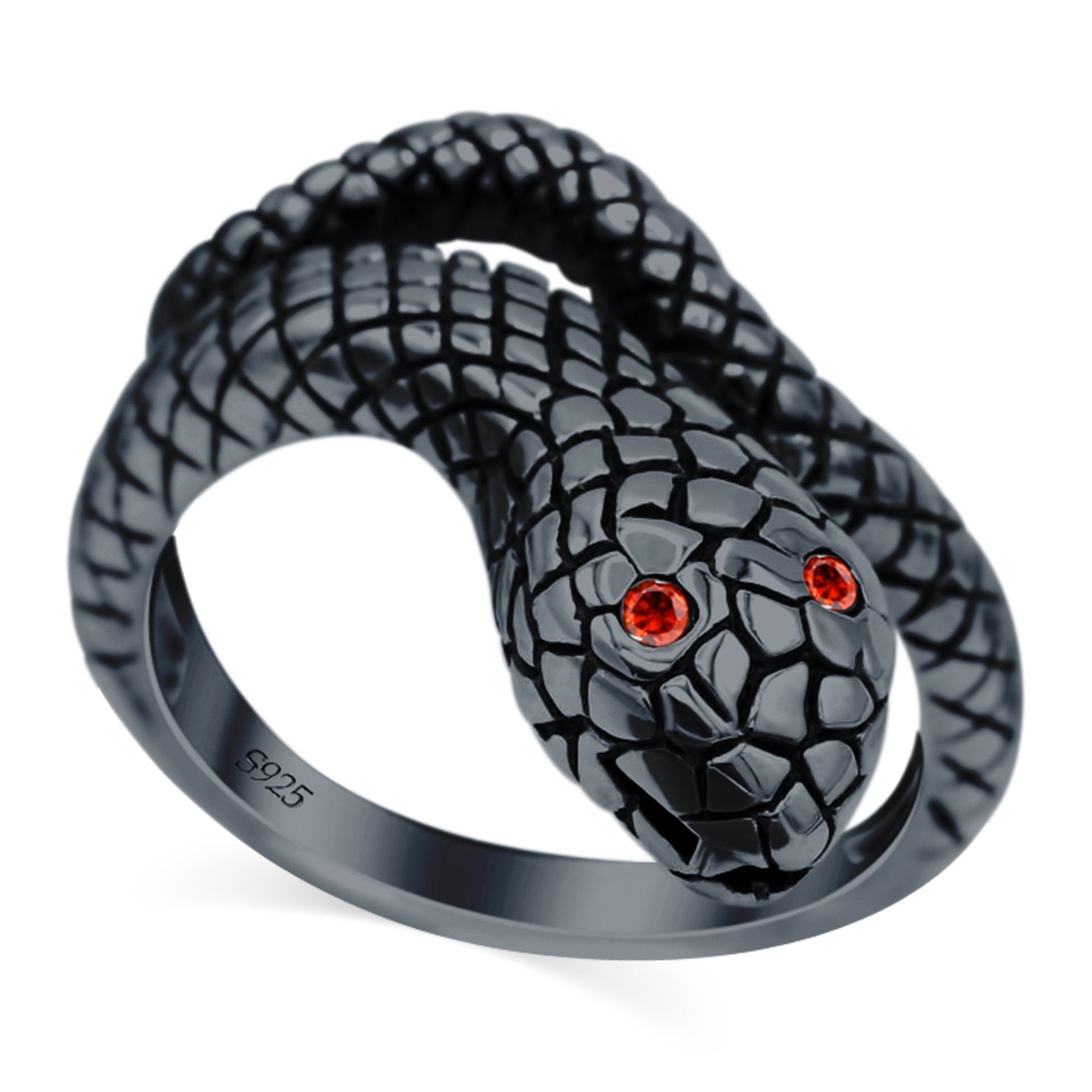 Snake Ring Oxidized Band Solid Simulated Garnet Cubic Zirconia 925 Sterling Silver (17mm)