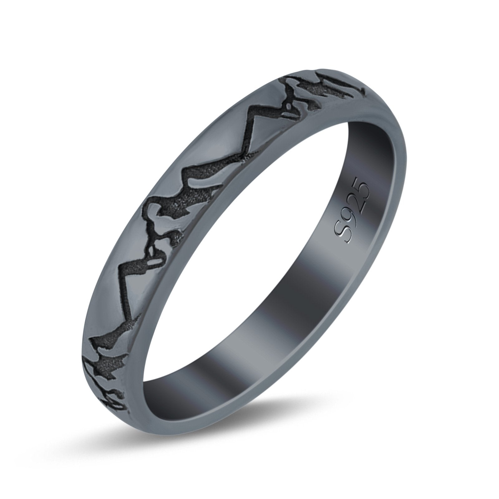 Mountains Ring Band Oxidized Round 925 Sterling Silver (3.5mm)